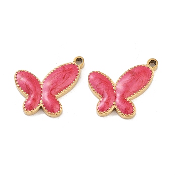 Ion Plating(IP) 304 Stainless Steel Enamel Pendants, Butterfly Charm, Golden, Pale Violet Red, 12.5x16x2mm, Hole: 1.5mm