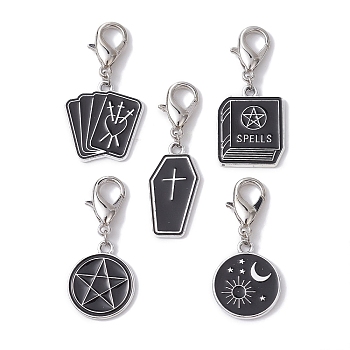 Alloy Enamel Pendants Decorations, with Alloy Lobster Claw Clasps, Coffin & Book & Flat Round with Star & Moon, Black, 37~42mm