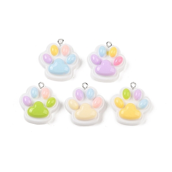 Opaque Resin Pendants, Candy Color Cat Paw Print Charms with Platinum Plated Iron Loops, Mixed Color, 26x24x9mm, Hole: 2mm