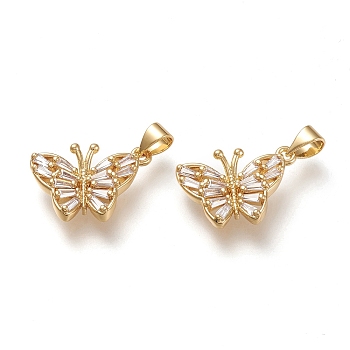 Brass Micro Pave Cubic Zirconia Pendants, Butterfly, Clear, Real 18K Gold Plated, 18x14x4mm, Hole: 3.5x5mm