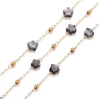 Ion Plating(IP) 304 Stainless Steel Satellite Chains, with Natural Snowflake Obsidian Star Beaded, Unwelded, with Spool, Golden, 4x4x2mm