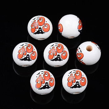 Halloween Printed Natural Wood Beads, Round with Ghost & Word BOO, Orange Red, 15.5x14.5mm, Hole: 4mm