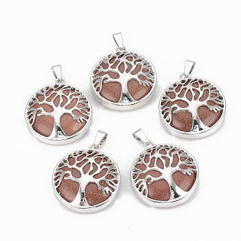 Synthetic Goldstone Pendants, with Brass Findings, Flat Round with Tree of Life, Platinum, 30.5x27x8mm, Hole: 7x3mm
