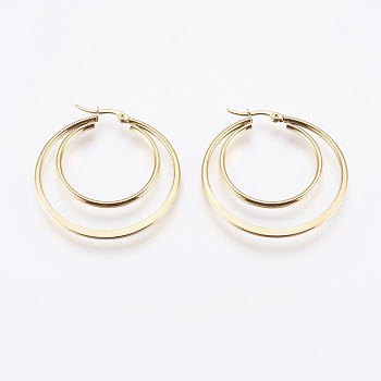 201 Stainless Steel Hoop Earrings, with 304 Stainless Steel Pin, Hypoallergenic Earrings, Double Ring, Golden, 12 Gauge, 45x44x2mm, Pin: 0.7x1mm
