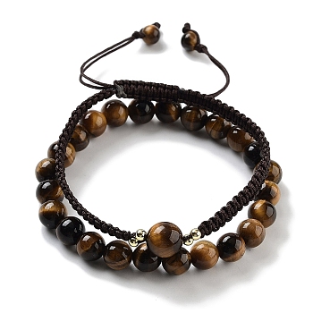 Natural Tiger Eye Round Beaded Stretch Bracelets & Braided Bead Bracelets, Stackable Bracelets with Synthetic Non-magnetic Hematite, Inner Diameter: 2-1/8~3-3/8 inch(5.5~8.6cm), 2pcs/set