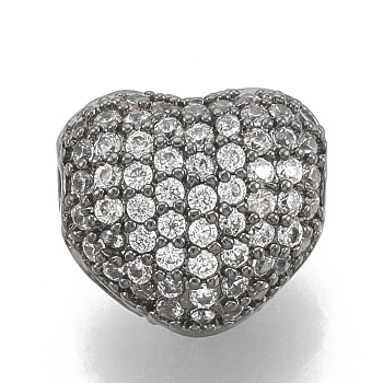 Brass Micro Pave Cubic Zirconia Beads, Heart, Clear, Gunmetal, 8x7x5mm, Hole: 1mm