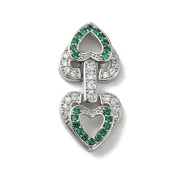 Brass Micro Pave Cubic Zirconia Fold Over Clasps, Heart, Real Platinum Plated, Green, 29x14x4.5mm