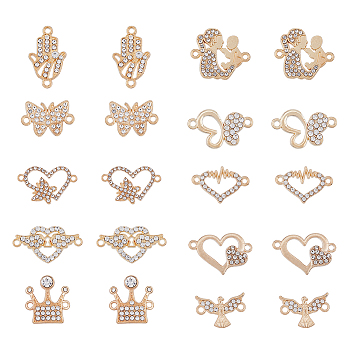 60Pcs 10 Styles Alloy Crystal Rhinestone Connector Charms, Butterfly & Heart & Crown & Hamsa Hand, Mixed Shapes, Golden, 20x23.5x2mm, Hole: 1.6mm, 6pcs/style