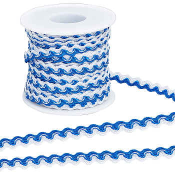 15M Polyester Wavy Fringe Trim Ribbon, Two Tone Wave Bending Lace Trim, for Clothes Sewing and Art Craft Decoration, White, Blue, 1/4 inch(8mm), about 16.40 Yards(15m)/Roll