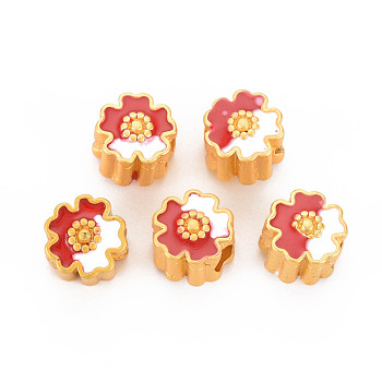 Rack Plating Alloy Enamel Beads, Cadmium Free & Nickel Free & Lead Free, Matte Gold Color, Flower, Red, 9x9.5x7.5mm, Hole: 3.5mm