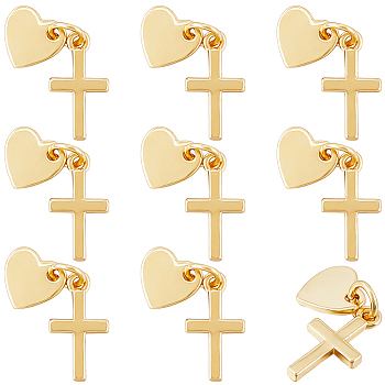 10Pcs Rack Plating Brass Pendants, with Jump Rings, Long-Lasting Plated, Lead Free & Cadmium Free, Cross & Heart, Real 18K Gold Plated, 17mm, Jump Ring: 4.6x0.8mm, 3mm Inner Diameter, Heart: 8x8x1mm, Cross: 15x8x1.5mm