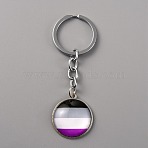 Glass Keychain, with Platinum Plated Iron Split Key Rings, Flat Round with Striped Pattern, Colorful, 8.5cm(KEYC-WH0024-18P-06)