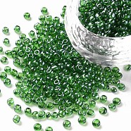 Glass Seed Beads, Trans. Colours Lustered, Round, Dark Green, 3mm, Hole: 1mm, about 10000pcs/pound(SEED-A006-3mm-107B)