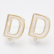 Brass Stud Earring Findings, with Shell and Loop, Nickel Free, Letter D, Creamy White, Real 18K Gold Plated, 16x12mm, Hole: 1mm, Pin: 0.8mm(KK-T054-48G-NF)