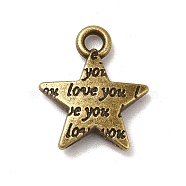 Tibetan Style Alloy Charms, Star with Word Love You Charms, Antique Bronze, 15x13x3mm, Hole: 1.8mm, about 909pcs/1000g(PALLOY-M198-30AB)