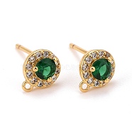 Brass Micro Pave Cubic Zirconia Stud Earrings Findings, Long-Lasting Plated, Lead Free & Cadmium Free & Nickel Free, Flat Round with Loop, Green, Real 18K Gold Plated, 7.5x6x3mm, Hole: 0.8mm, Pin: 0.8mm(ZIRC-C030-01G)