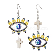 Iron Dangle Earring, with Seed Glass and Synthetic Turquoise Cross, Eye, Mixed Color, 70x35mm(EJEW-MZ00191)