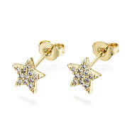 Brass Micro Pave Clear Cubic Zirconia Stud Earrings, with Ear Nuts, Nickel Free, Star, Real 16K Gold Plated, 7.5x8mm, Pin: 0.8mm(EJEW-T046-30G-NF)