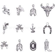 Western Charms Tibetan Style Alloy Pendants, Ox-Head, Map with Cyprus, Boot, Revolver Pistol, Unicorn, Double Gun, Horse Head, Cacti, Hat, Cowboy Hat, Antique Silver, 16~27x11~29x1~5mm, Hole: 1~3mm, 10pcs/set(TIBEP-PH0001-05AS)