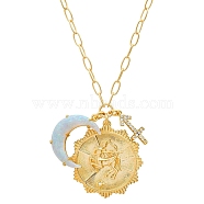 Cubic Zirconia Constellation & Opalite Moon Pendant Necklace, with Golden Brass Paperclip Chains, Sagittarius, 19.69 inch(50cm)(PW-WG46702-09)