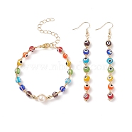 Natural Pearl & Lampwork Evil Eye Beaded Dangle Earrings & Bracelet, Brass Wire Wrap Jewelry Set for Women, Colorful, 177mm, 91mm, Pin: 0.8mm(SJEW-JS01260)