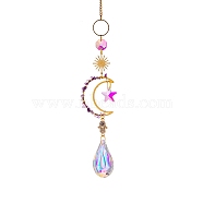 Glass Teardrop/Star Prisms Suncatchers Hanging Ornaments, with Stainless Steel Moon and Gemstone Beads, for Home, Garden Decoration, Palm Pattern, No Size(G-PW0004-72D)