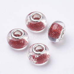 Resin European Beads, Large Hole Beads, with Glitter Powder & Platinum Tone Brass Double Cores, Rondelle, Red, 14x9mm, Hole: 5mm(X-RPDL-T001-01C)
