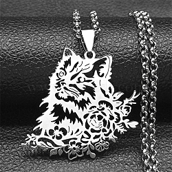 304 Stainless Steel Box Chain Hollow Cute Cat Pendant Necklaces, Stainless Steel Color, 19.49 inch(49.5cm)(NJEW-S003-08P)