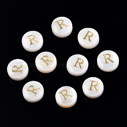 Natural Freshwater Shell Beads, with Golden Plated Brass Etched Metal Embellishments, Flat Round with Letter, Letter R, 7.5~8x4~5mm, Hole: 0.8mm(SHEL-N036-01R)