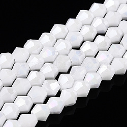 Opaque Solid Color Electroplate Glass Beads Strands, Pearl Luster Plated, Faceted, Bicone, Snow, 2.9~3.3x2.5mm, Hole: 0.7mm, about 145~150pcs/strand, 16.34~16.54 inch(41.5~42cm)(EGLA-A039-P2mm-A15)