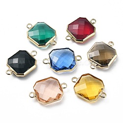 Brass Pave K9 Glass Connector Charms, Faceted Octagon Links, Light Gold, Mixed Color, 14.5x21x5mm, Hole: 2.5mm(GGLA-Z001-07)