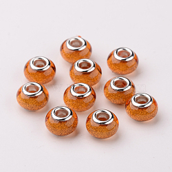 Large Hole Rondelle Resin European Beads, with Silver Color Plated Brass Cores, Goldenrod, 14x9mm, Hole: 5mm(RPDL-J008-16)