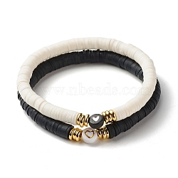 Heart Pattern Beads Stretch Bracelets Set for Women, Polymer Clay Heishi Beads Surfer Bracelet, White & Black, Gold, Inner Diameter: 2-1/4 inch(5.8cm), 2pcs/set(BJEW-JB07158)