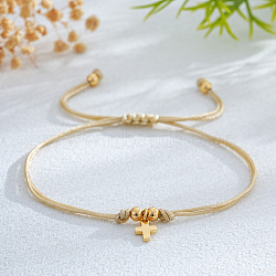 Brass Charm Bracelets, Fibre Cord Braided Bracelets for Men Women, Cross, Wheat, Inner Diameter: 11 inch(28cm)(RX4487-3)