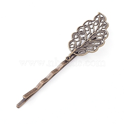 Hair Accessories Iron Hair Bobby Pin Findings, with Brass Filigree Leaf Cabochon Bezel Settings, Nickel Free, Antique Bronze, Tray: 34x17mm, 68mm(IFIN-L035-02AB-NF)