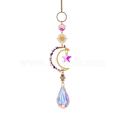 Glass Teardrop/Star Prisms Suncatchers Hanging Ornaments, with Stainless Steel Moon and Gemstone Beads, for Home, Garden Decoration, Palm Pattern, No Size(G-PW0004-72D)