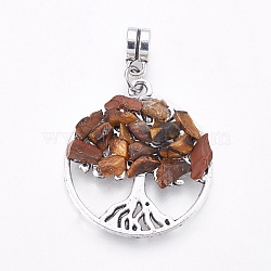 Alloy European Dangle Charms, with Natural Tiger Eye Chips, Flat Round with Tree, Antique Silver, 38mm, Hole: 4mm, 28x25x4~5mm(PALLOY-JF00355-04)