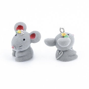 Opaque Resin Pendants, with Platinum Tone Iron Loops, Flocky Mouse Charms, Gray, 25.5~28x24.5x25~26mm, Hole: 2.5mm