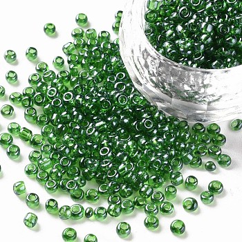 Glass Seed Beads, Trans. Colours Lustered, Round, Dark Green, 3mm, Hole: 1mm, about 10000pcs/pound