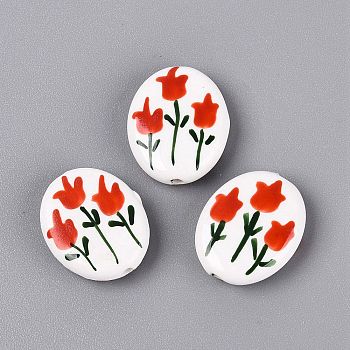 Hand Painted Tulip Flower Oval Porcelain Beads, Floral Ceramic Beads, Red, 18~21x15~17x5~6mm, Hole: 1.8~2mm