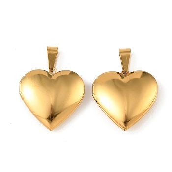 316 Stainless Steel Locket Pendants, Heart Charms, with 304 Stainless Steel Snap on Bails Stainless Steel Photo Frame Charms, Ion Plating(IP), Real 20K Gold Plated, 29x28.5x8mm, Hole: 10.5x4.5mm, Inner Diameter: 21.5x20.5mm