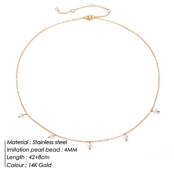 Stainless Steel Imitation Pearl Cable Chain Bib Necklaces for Women, Golden, 16.54 inch(42cm)