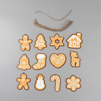 12Pcs Christmas Theme Wood Pendant Decorations, with Jute Rope, For Christmas Tree Hanging Ornaments, Mixed Shapes, PeachPuff, 70~81x49~77x2mm, Hole: 3mm