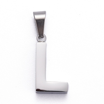 304 Stainless Steel Letter Pendants, Manual Polishing, Alphabet, Stainless Steel Color, Letter.L, 18.5x10x3.5mm, Hole: 6.5x3.5mm