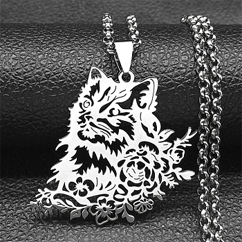 304 Stainless Steel Box Chain Hollow Cute Cat Pendant Necklaces, Stainless Steel Color, 19.49 inch(49.5cm)