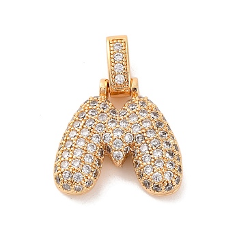 Brass Micro Pave Cubic Zirconia Pendants, Nickel Free, Real 18K Gold Plated, Clear, Letter M, 18.5~24x12.5~25.5x5~5.5mm, Hole: 5x3mm