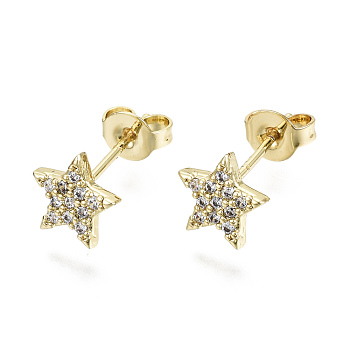 Brass Micro Pave Clear Cubic Zirconia Stud Earrings, with Ear Nuts, Nickel Free, Star, Real 16K Gold Plated, 7.5x8mm, Pin: 0.8mm
