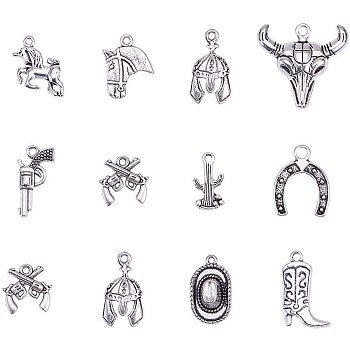 Western Charms Tibetan Style Alloy Pendants, Ox-Head, Map with Cyprus, Boot, Revolver Pistol, Unicorn, Double Gun, Horse Head, Cacti, Hat, Cowboy Hat, Antique Silver, 16~27x11~29x1~5mm, Hole: 1~3mm, 10pcs/set