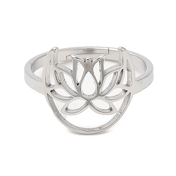 304 Stainless Steel Hollow Lotus Adjustable Ring for Women, Stainless Steel Color, US Size 6(16.5mm)