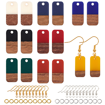 Olycraft DIY Dangle Earring Making Kits, Including Resin & Walnut Wood Pendants, Brass Earring Hooks, Brass Jump Rings, Rectangle, Mixed Color, Pendants: 20.5x10x3~4mm, Hole: 2mm, 8 colors, 4pcs/color, 32pcs/box